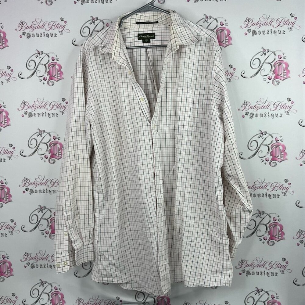 Eddie Bauer button down dress shirt wrinkle resistant White and Pink Plaid Shirt